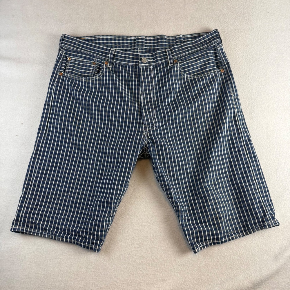 Levis 501 Mens Navy Blue White Grid Check Cotton Straight Shorts Size 40